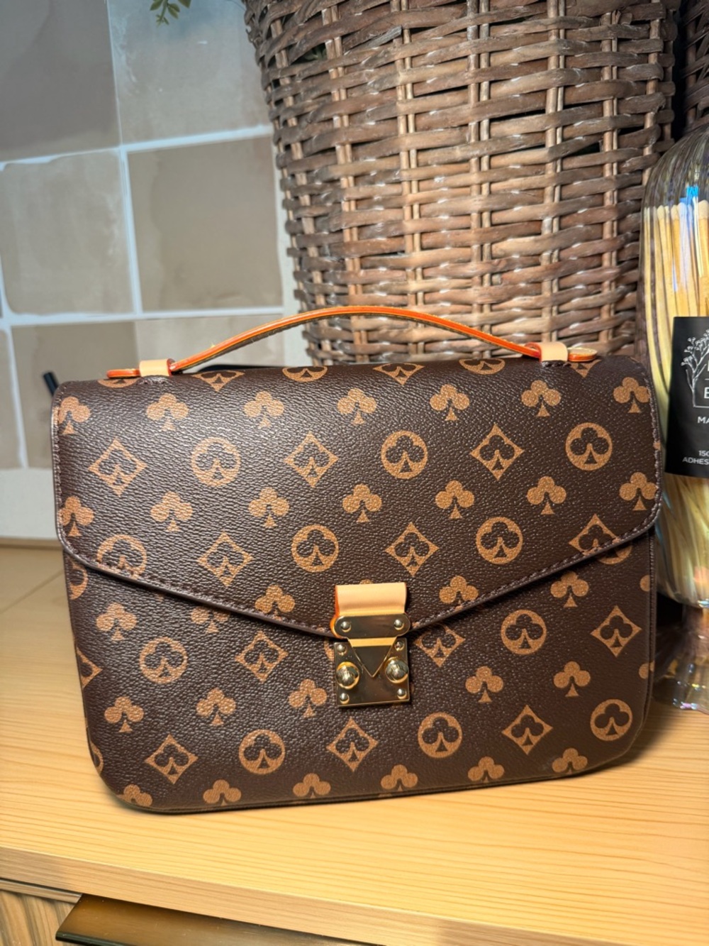 Designer-Inspired Brown Monogram Top-Handle Bag
